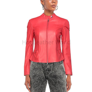 Bright Red Minimal Detailed Women Leather Jacket -  HOTLEATHERWORLD