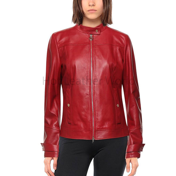 Solid Red Snap Tab Women Motorcycle Leather Jacket -  HOTLEATHERWORLD