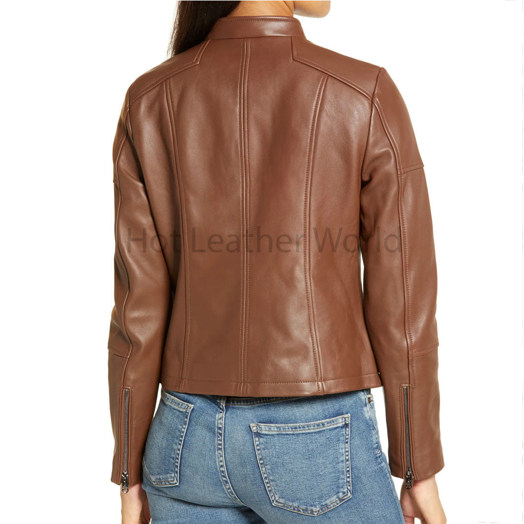 Original Brown Multi Pocket Women Moto Leather Jacket -  HOTLEATHERWORLD