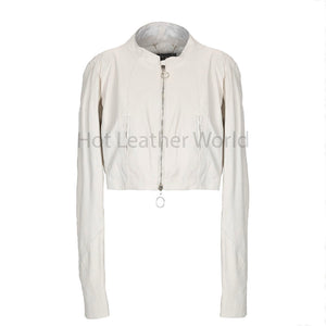 Minimal Round Collar Ivory Cropped Women Leather Jacket -  HOTLEATHERWORLD