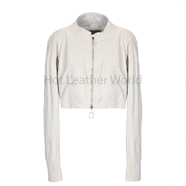Minimal Round Collar Ivory Cropped Women Leather Jacket -  HOTLEATHERWORLD