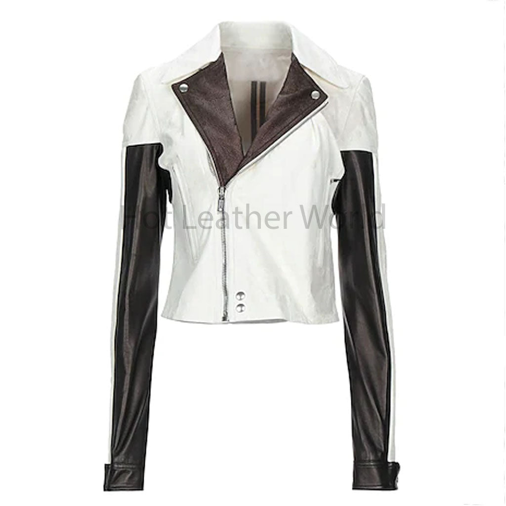 Classy White Color Block Women Motorcycle Leather Jacket -  HOTLEATHERWORLD