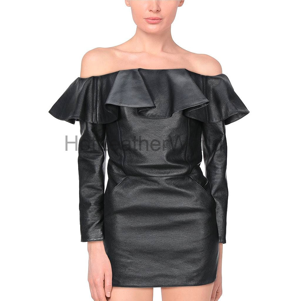 Off Shoulder Front Ruffle Panel Mini Leather Dress XS / CHOCOLATE BROWN Off Shoulder Front Ruffle Panel Mini Leather Dress XS / CHOCOLATE BROWN