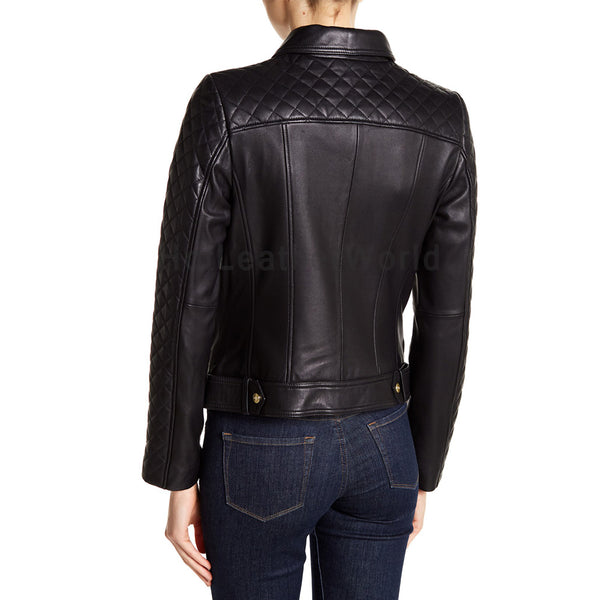 Partially Quilted Women Leather Biker Jacket -  HOTLEATHERWORLD