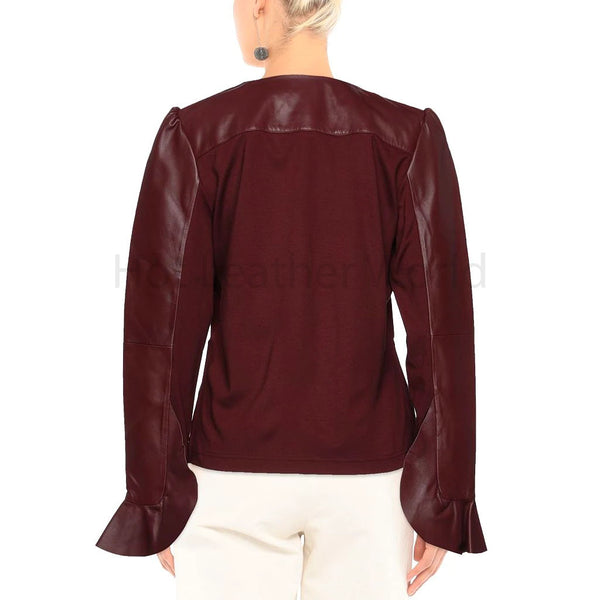 Burgundy Ruffle Sleeve Women Leather Jacket -  HOTLEATHERWORLD