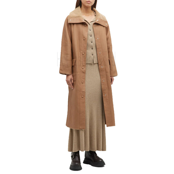 Elegant Brown Shearling Women Leather Coat -  HOTLEATHERWORLD