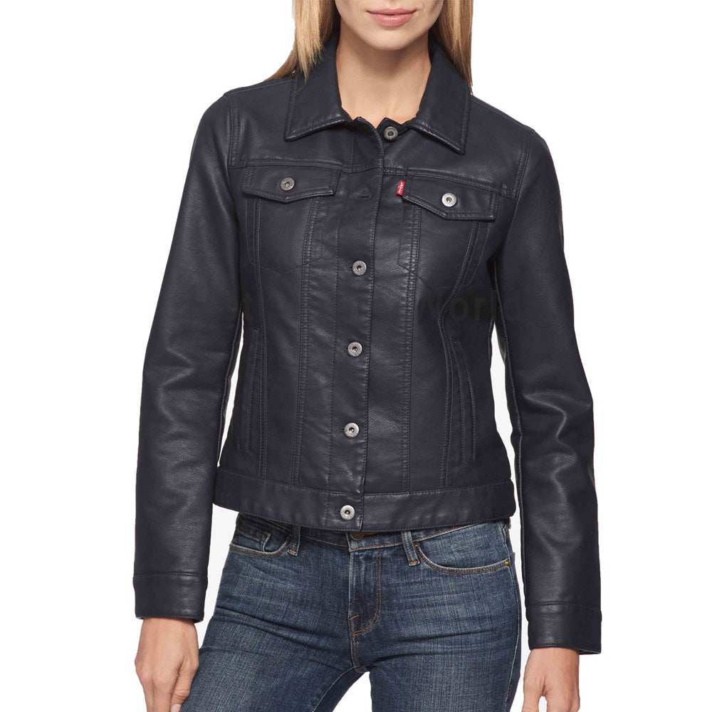 Shirt Styled Button Women Leather Jacket -  HOTLEATHERWORLD