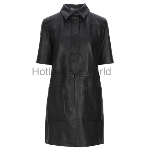 Short Sleeves Women Mini Leather Shirt Dress -  HOTLEATHERWORLD
