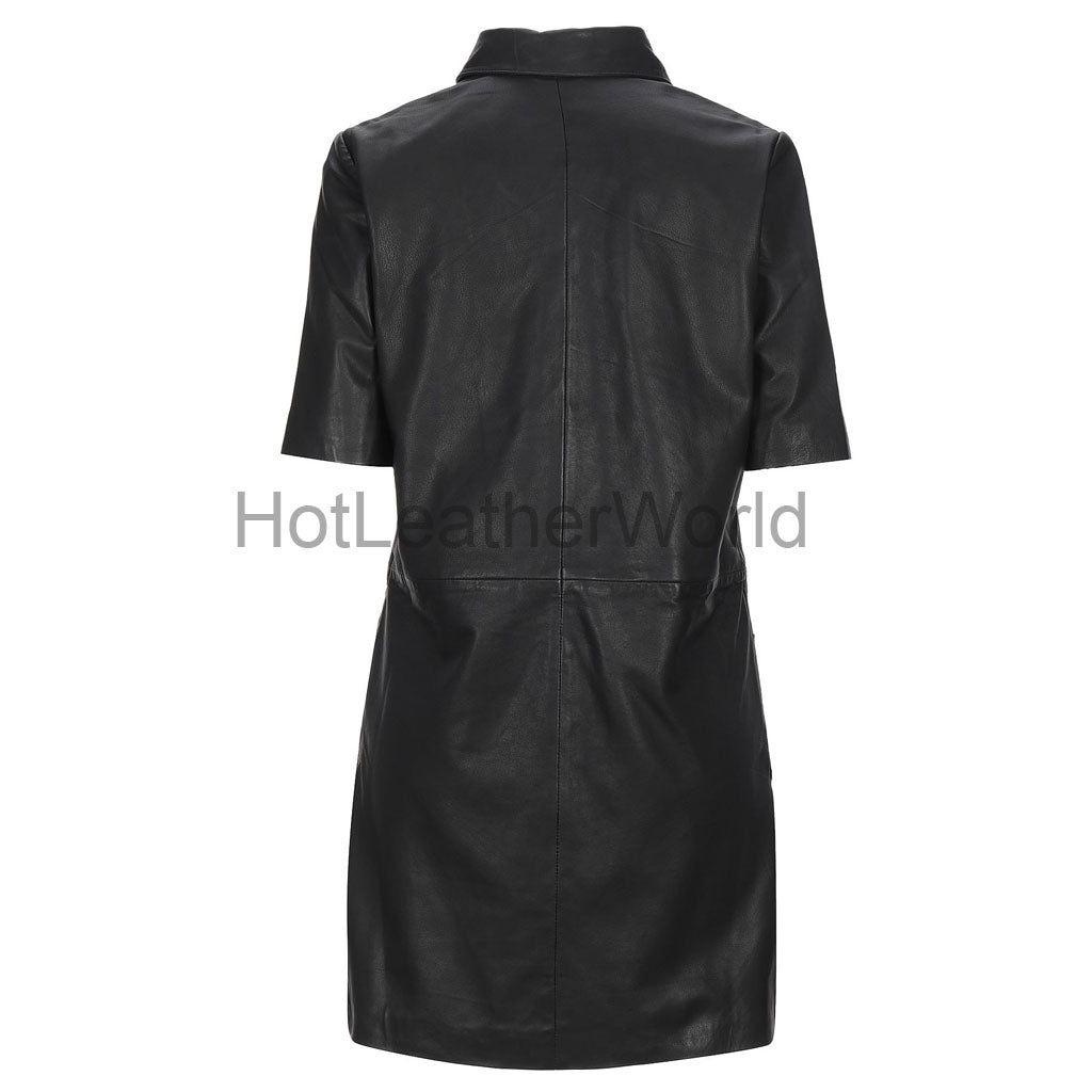 Short Sleeves Women Mini Leather Shirt Dress M / NAVY BLUE