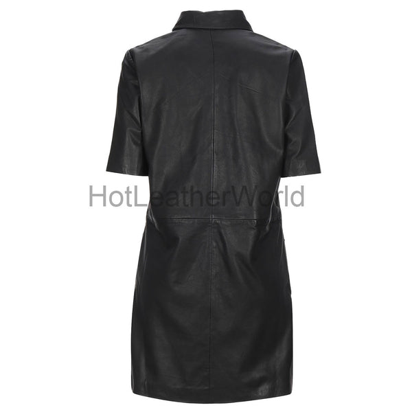 Short Sleeves Women Mini Leather Shirt Dress -  HOTLEATHERWORLD