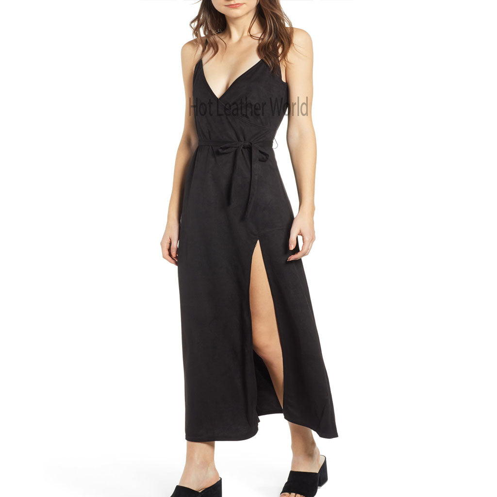maxi dress with leather straps Bardot Vani faux leather bandeau maxi dress with slit in black
