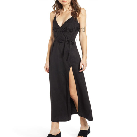 Strap Style Suede Maxi Dress -  HOTLEATHERWORLD