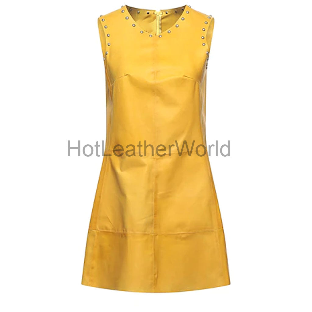 knee length dresses for ladies Studded Women Yellow Mini Leather Dress XL / Brown