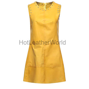 Studded Women Yellow Mini Leather Dress -  HOTLEATHERWORLD