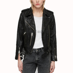 Studded Women Black Leather Jacket -  HOTLEATHERWORLD