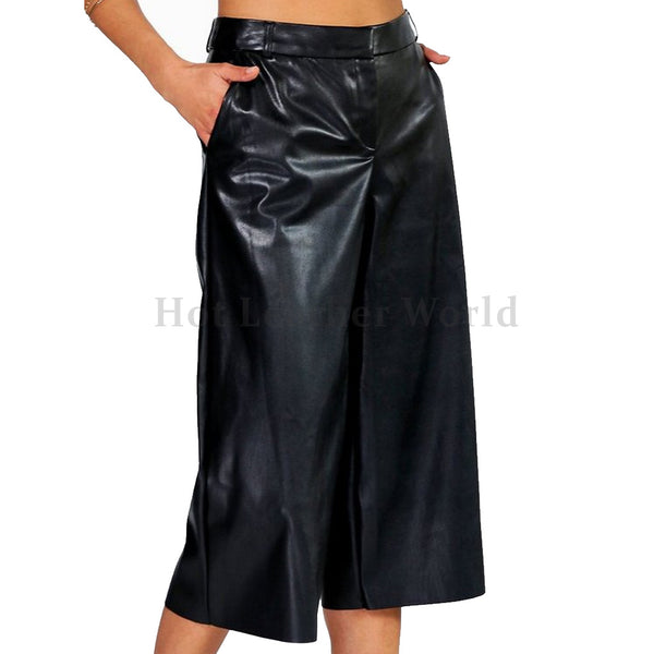 Summer Cropped Women Faux Leather Culottes -  HOTLEATHERWORLD