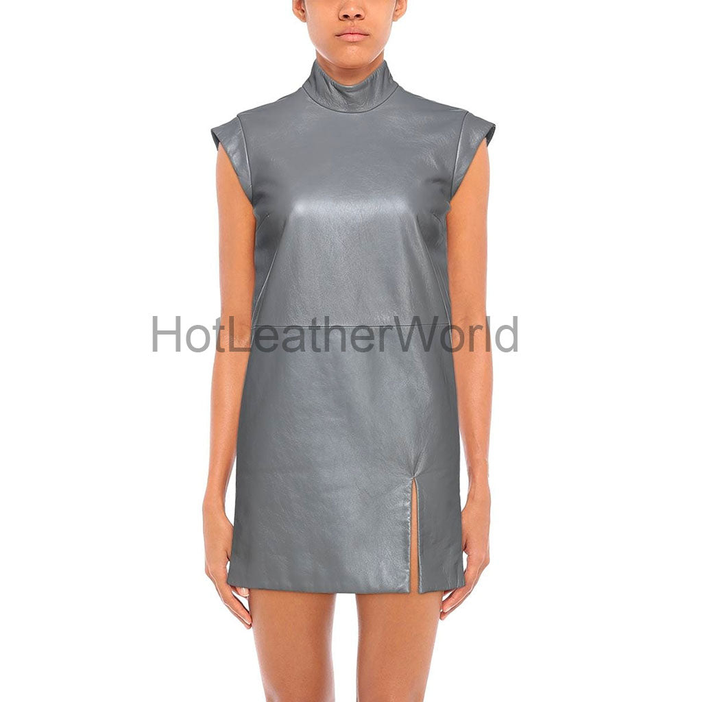 Turtleneck Front Slit Mini Women Leather Dress M / BURGUNY