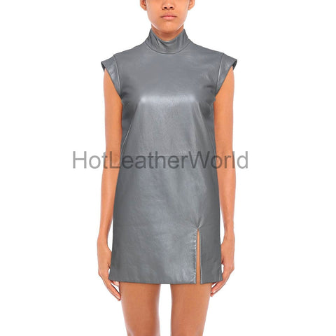Turtleneck Front Slit Mini Women Leather Dress -  HOTLEATHERWORLD
