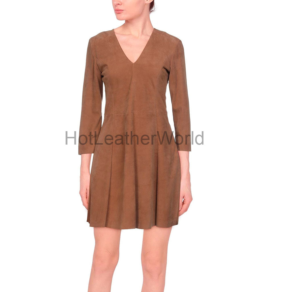 V-Neck Women Mini Suede Leather Dress L / DARK RED