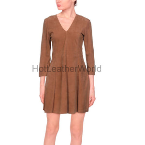 V-Neck Women Mini Suede Leather Dress -  HOTLEATHERWORLD