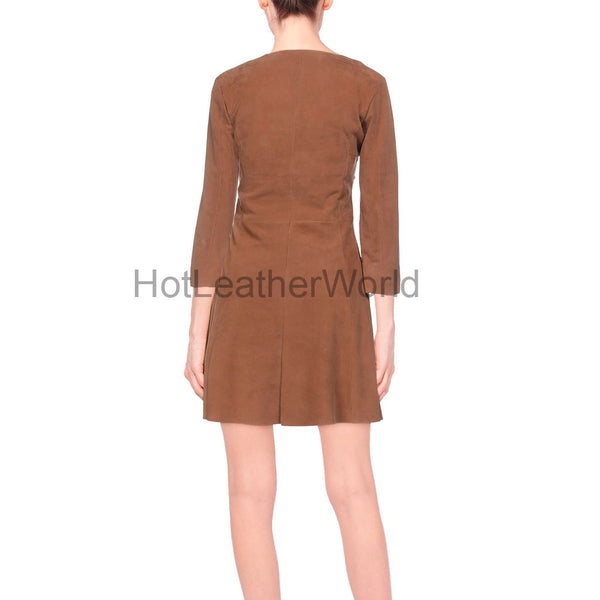 V-Neck Women Mini Suede Leather Dress -  HOTLEATHERWORLD