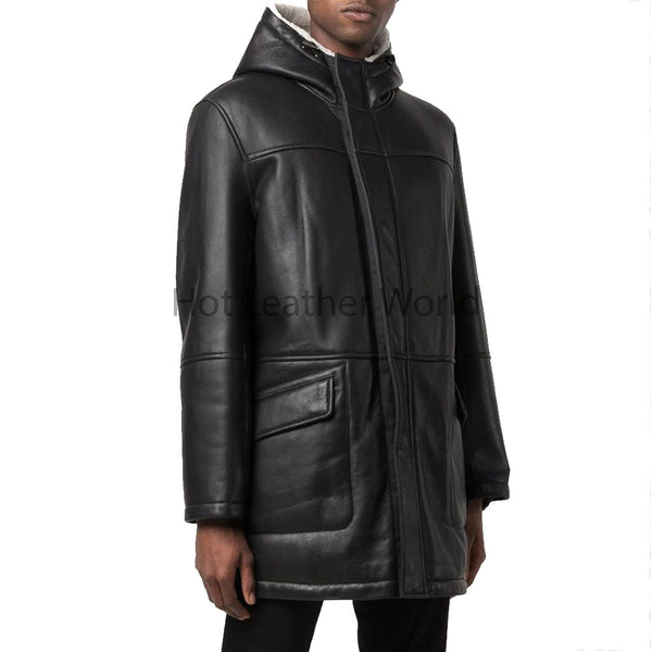 Timeless Black Shearling Lined Hooded Men Leather Coat -  HOTLEATHERWORLD