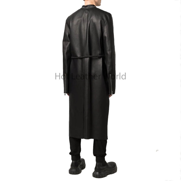 Classy Black Minimal Detailed Men Long Leather Coat -  HOTLEATHERWORLD
