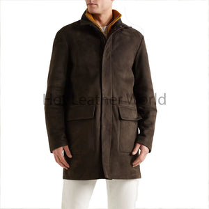 Dark Brown High Neck Shearling Suede Leather Coat -  HOTLEATHERWORLD