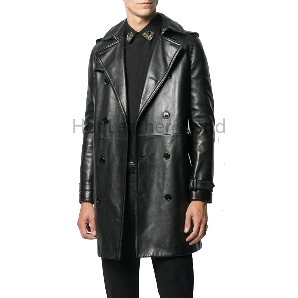 Classy Black Double Breasted Belted Men Leather Trench Coat