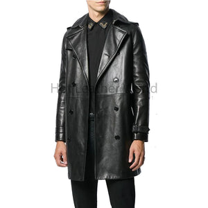 Classy Black Double Breasted Belted Men Leather Trench Coat -  HOTLEATHERWORLD