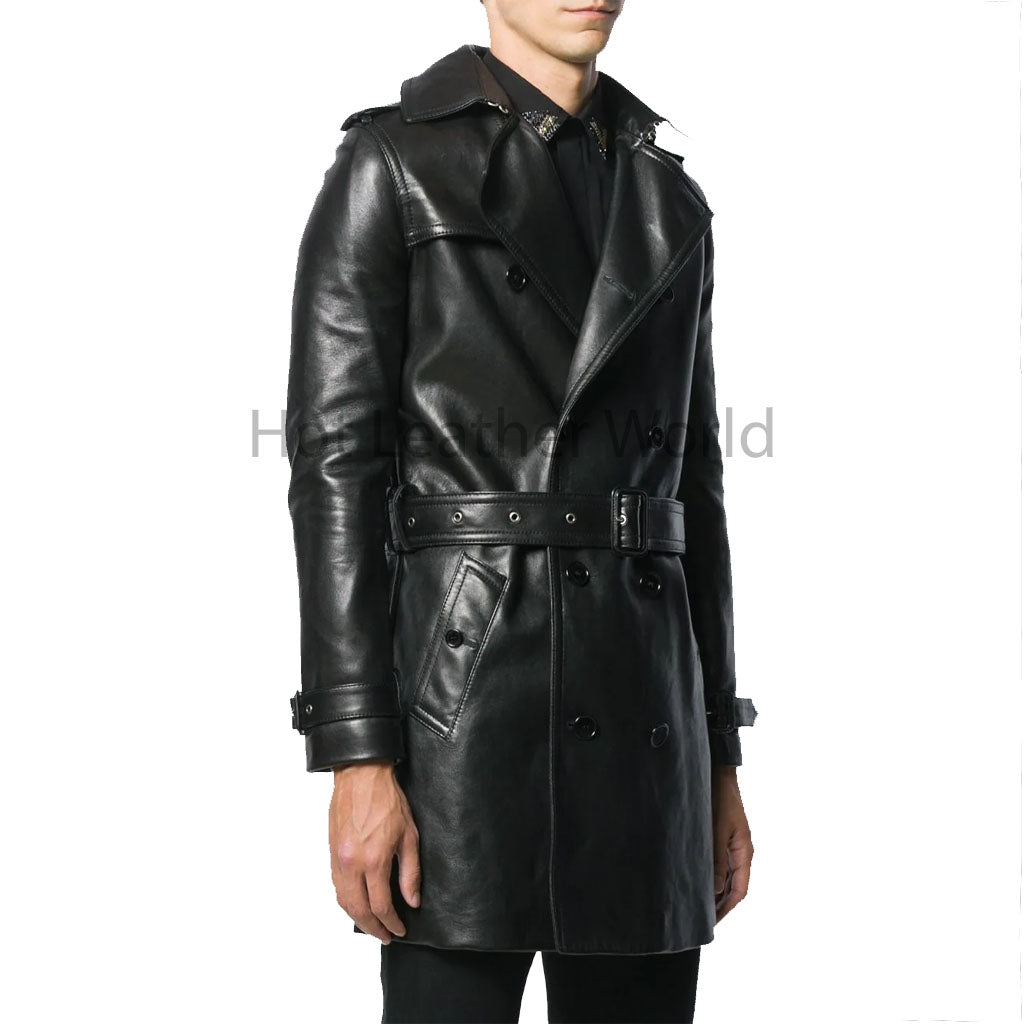 Sedgewick Mens Trench Coat Black Size Medium Vegan high quality Double Breasted Leather Belt