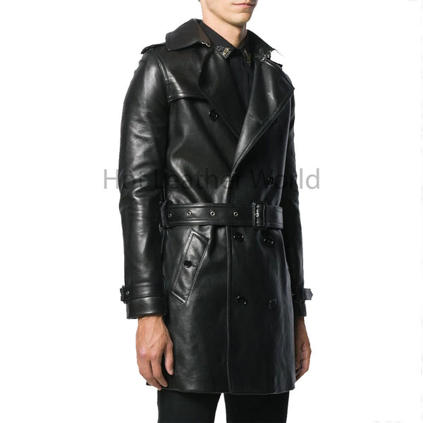 Classy Black Double Breasted Belted Men Leather Trench Coat -  HOTLEATHERWORLD