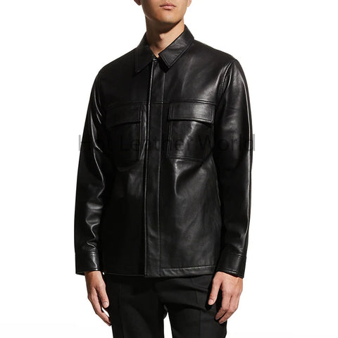 All Black Flap Patch Pocket Men Shirt Leather Jacket -  HOTLEATHERWORLD