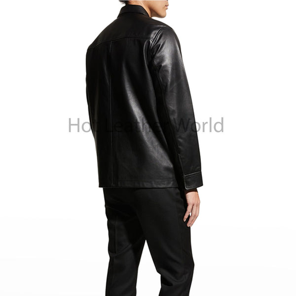 All Black Flap Patch Pocket Men Shirt Leather Jacket -  HOTLEATHERWORLD