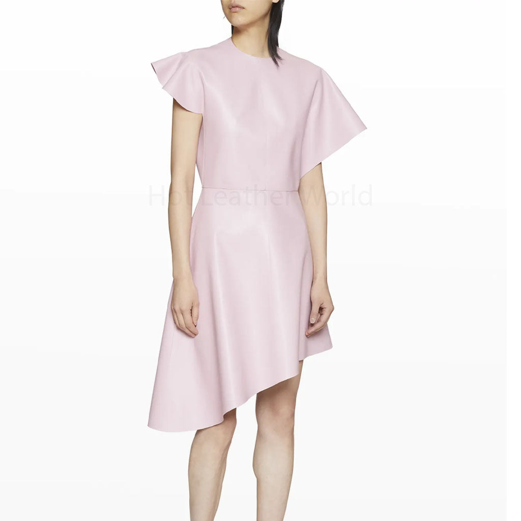 Light Pink Minimal Women Asymmetric Flared Leather Dress CUSTOM / CHOCOLATE BROWN