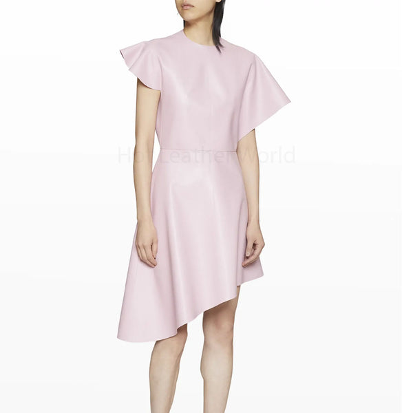 Light Pink Minimal Women Asymmetric Flared Leather Dress -  HOTLEATHERWORLD