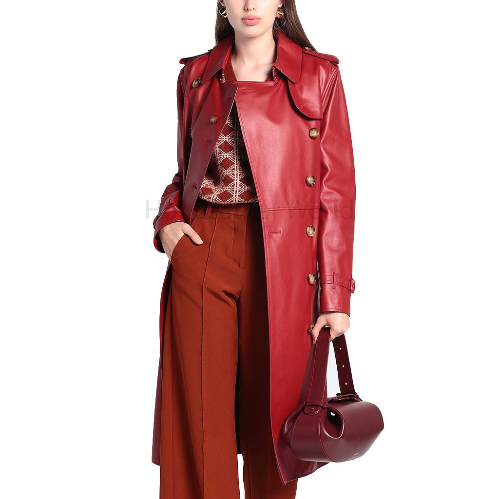 Classy Red Double Breasted Women Leather Trench Coat -  HOTLEATHERWORLD