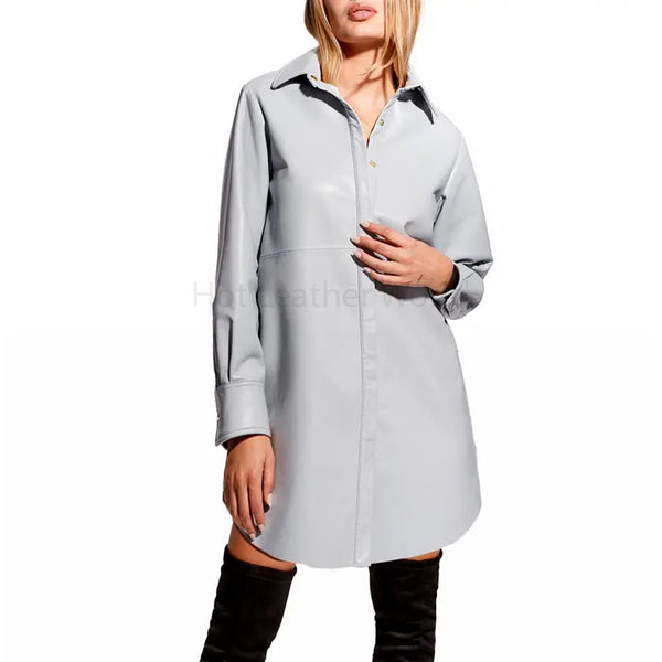Classy Grey Button Down Women Leather Shirt Dress -  HOTLEATHERWORLD