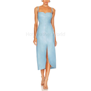 Minimal Pastel Blue Sleeveless Midi Leather Dress -  HOTLEATHERWORLD