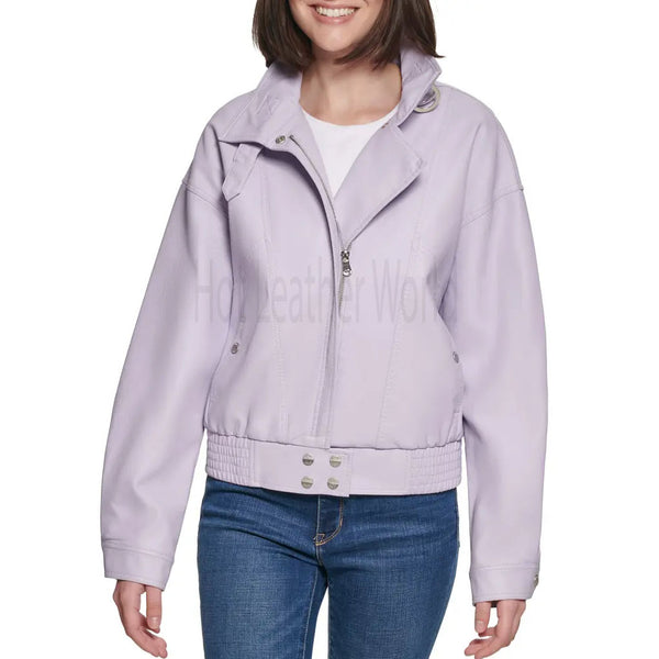 Lilac Drop Shoulder Women Moto Leather Jacket -  HOTLEATHERWORLD