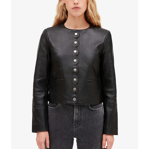 Solid Black Button Down Scalloped Placket Women Leather Jacket -  HOTLEATHERWORLD