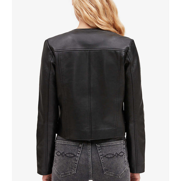 Solid Black Button Down Scalloped Placket Women Leather Jacket -  HOTLEATHERWORLD