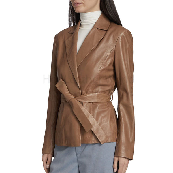 Classic Brown Minimal Belted Women Leather Jacket -  HOTLEATHERWORLD
