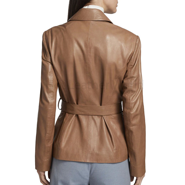 Classic Brown Minimal Belted Women Leather Jacket -  HOTLEATHERWORLD