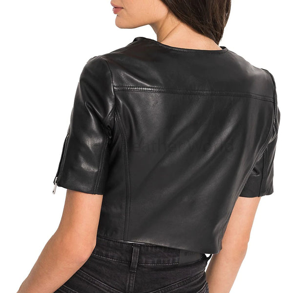 Black Zipper Detailed Cropped Women Leather Jacket -  HOTLEATHERWORLD