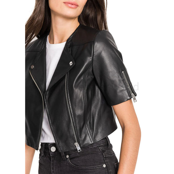 Black Zipper Detailed Cropped Women Leather Jacket -  HOTLEATHERWORLD