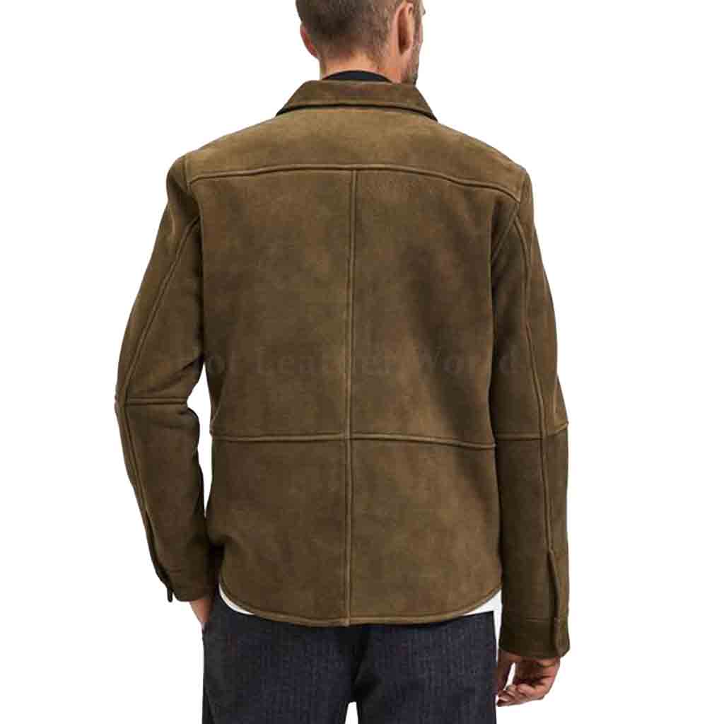 Dark Olive Button Down Men Suede Leather Jacket | HOTLEATHERWORLD