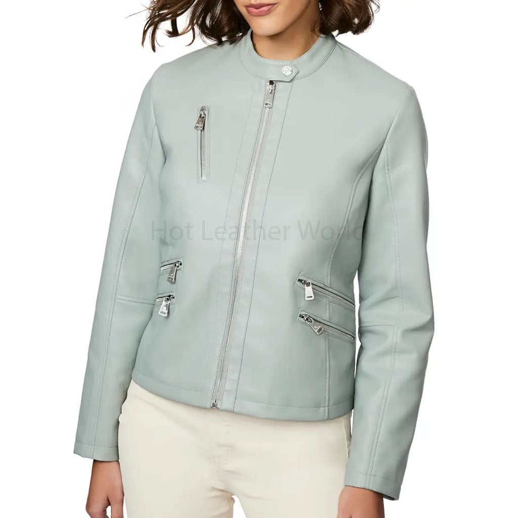 Misty Blue Multiple Zipper Pockets Women Leather Jacket -  HOTLEATHERWORLD