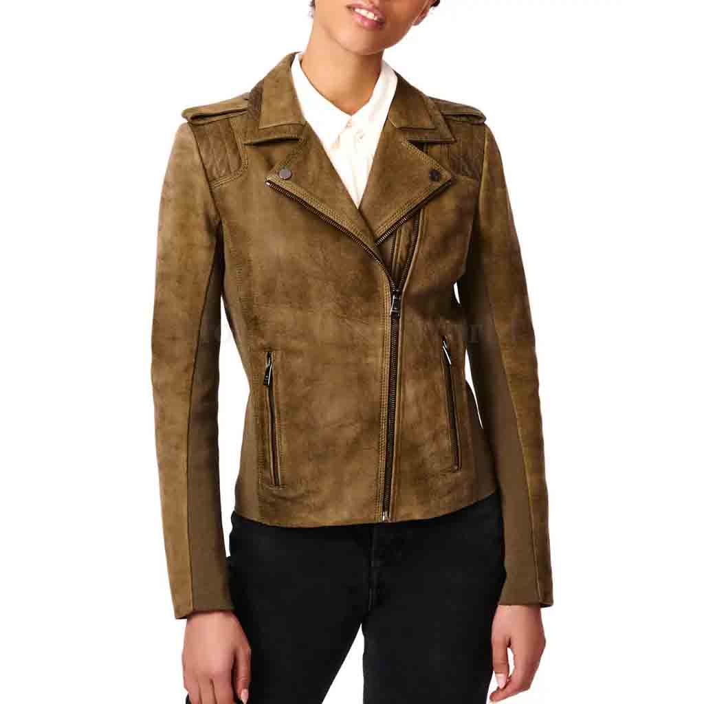 Classy Olive Zipper Detailed Women Suede Moto Leather Jacket -  HOTLEATHERWORLD