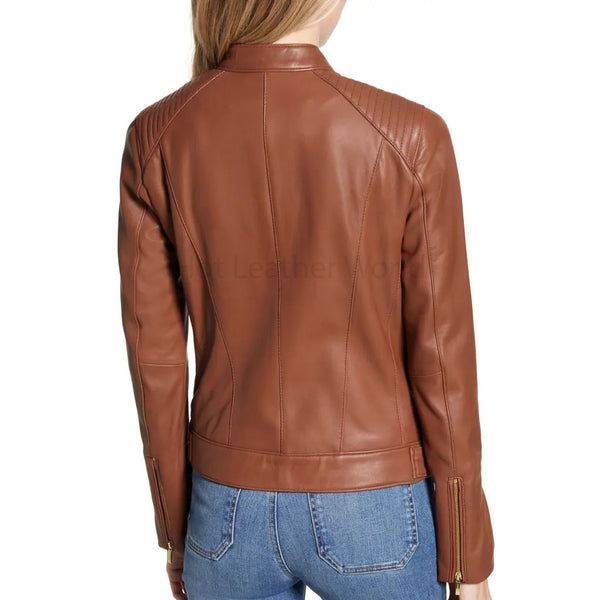 Solid Brown Quilted Shoulder Women Leather Jacket -  HOTLEATHERWORLD